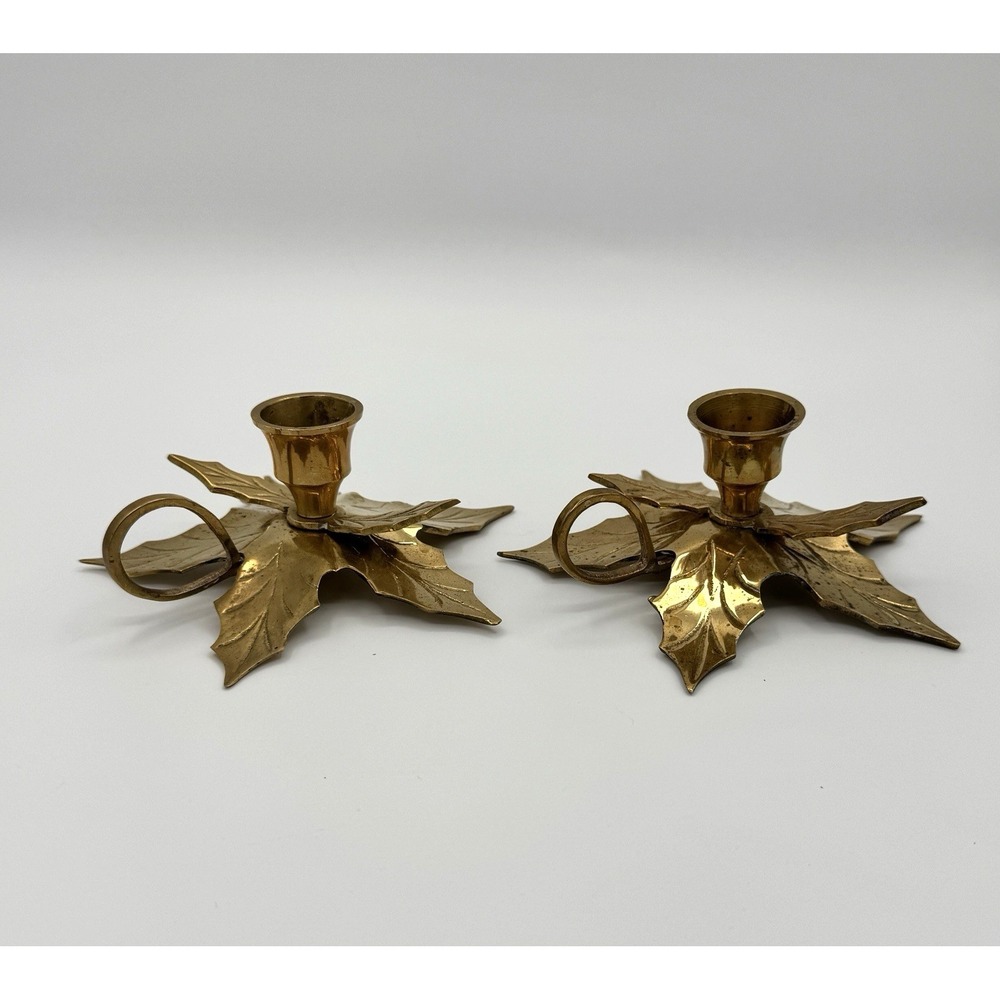 Vintage Brass‎ Leaf Candlestick Holders Pair Taper Candle Fall Hollywood Regency